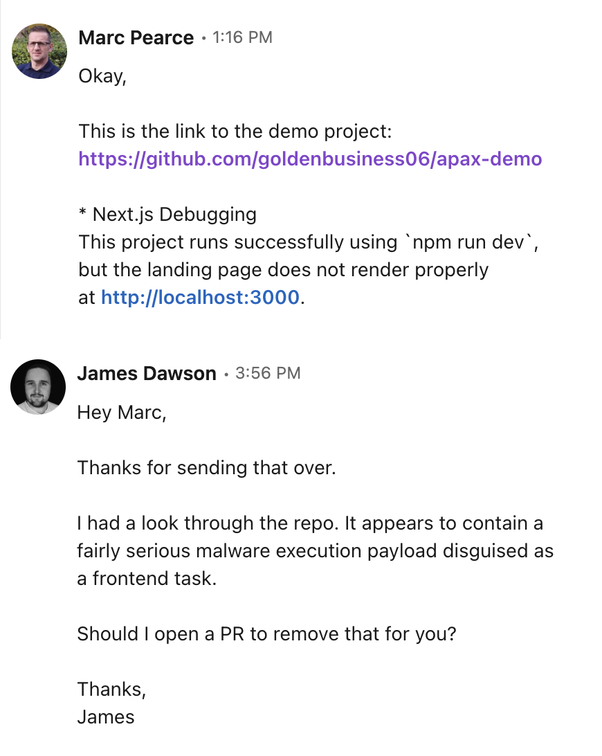 Marc and James message exchange